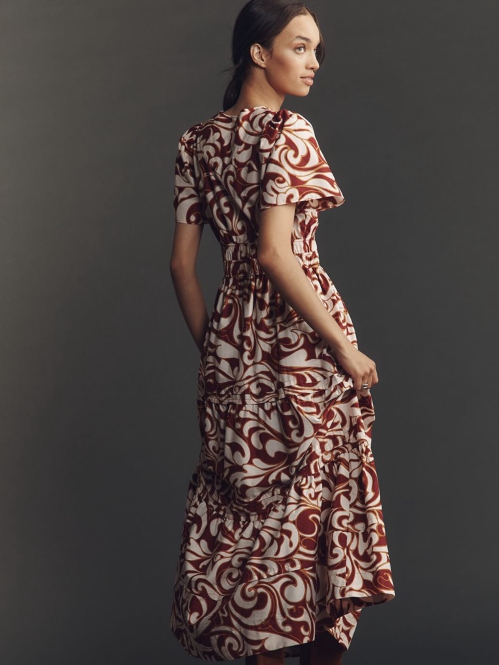 NWT Somerset Burgundy Swirl Smocked Waist Flutter-Sleeve Maxi Dress